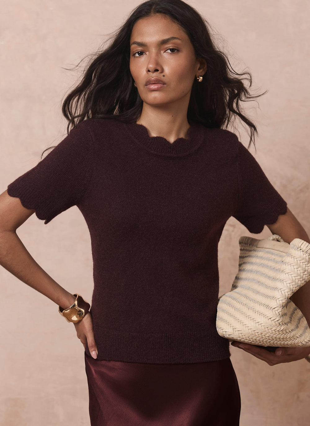 Burgundy Scallop Trim Knit Top