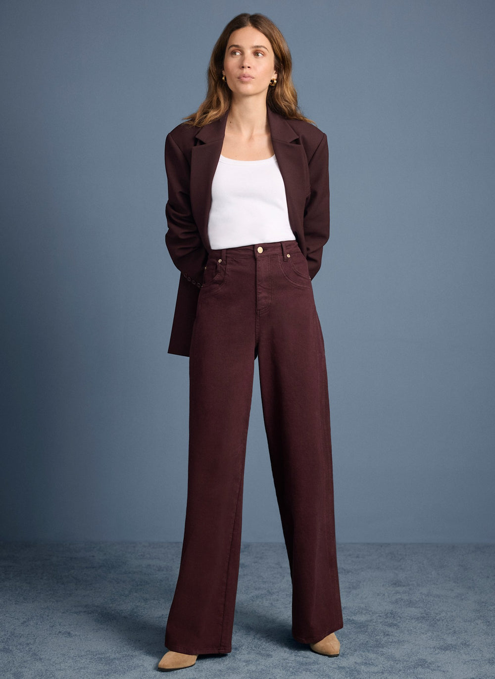 Burgundy Seam Detail Wide Jeans
