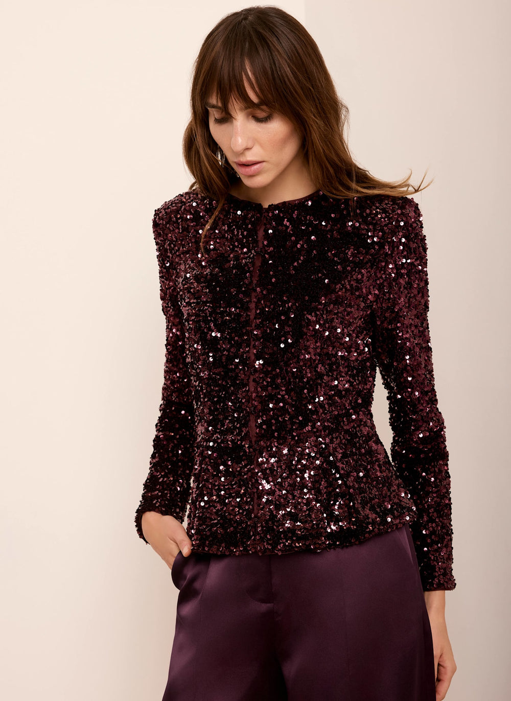 Burgundy Sequin Peplum Jacket