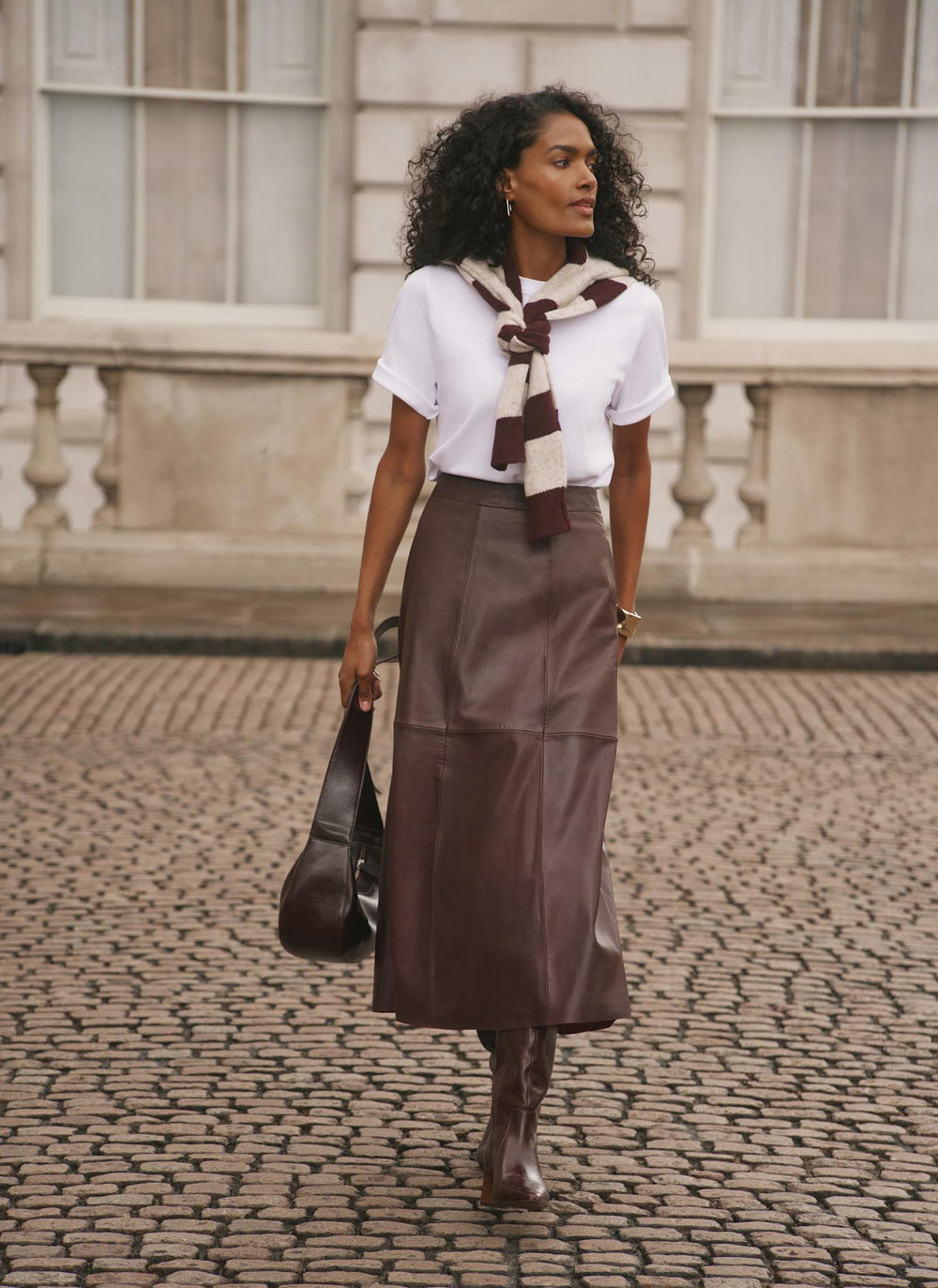 Burgundy Leather Full Midi Skirt