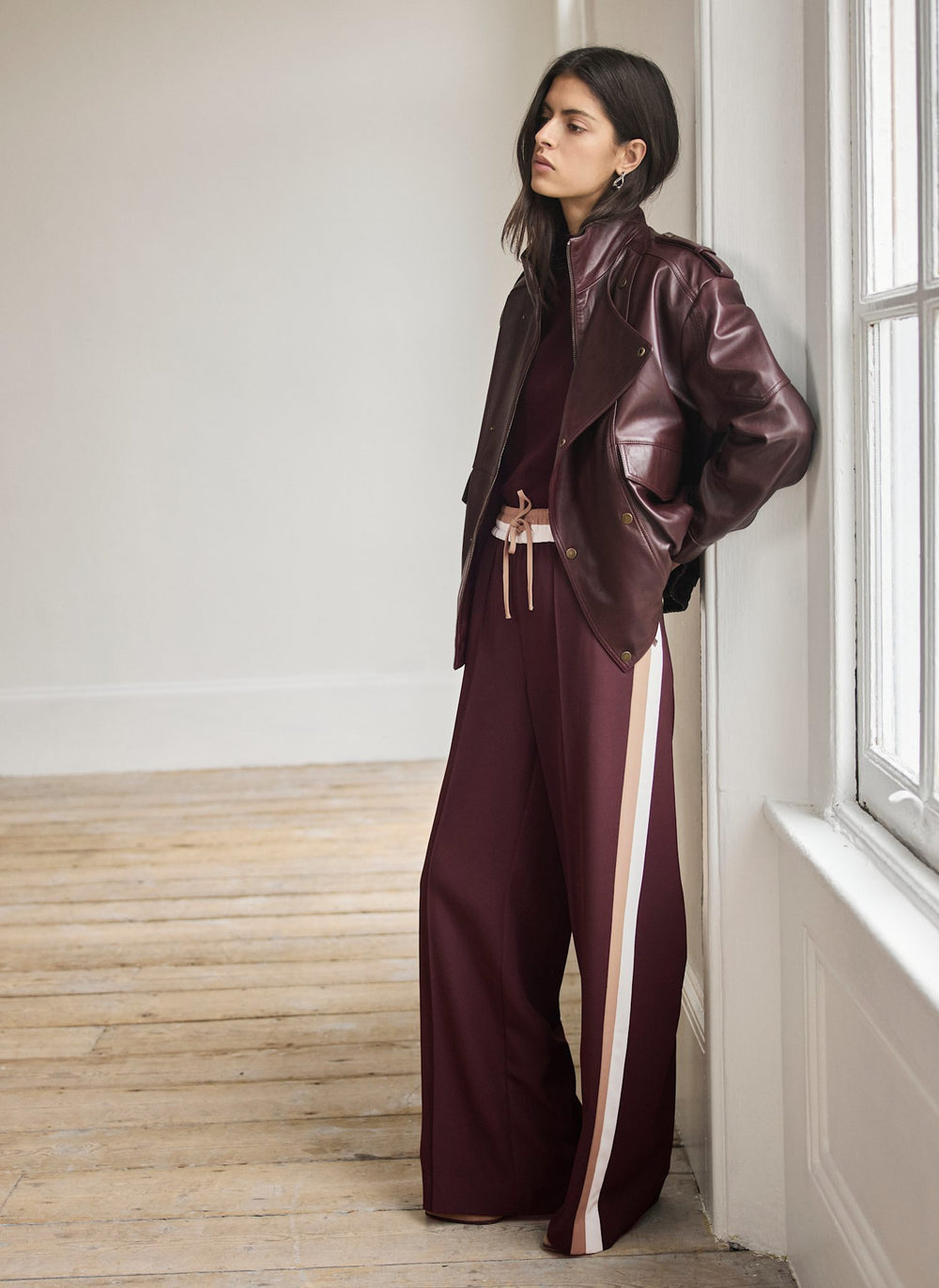 Burgundy Side Stripe Tie Waist Wide Trousers