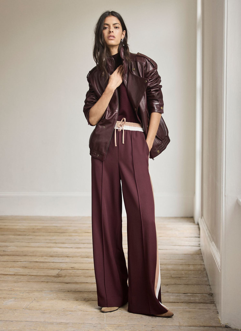 Burgundy Side Stripe Tie Waist Wide Trousers