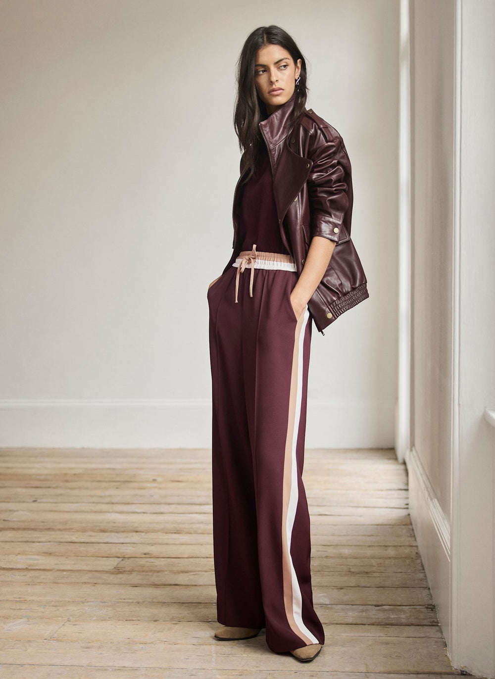 Burgundy Side Stripe Tie Waist Wide Trousers