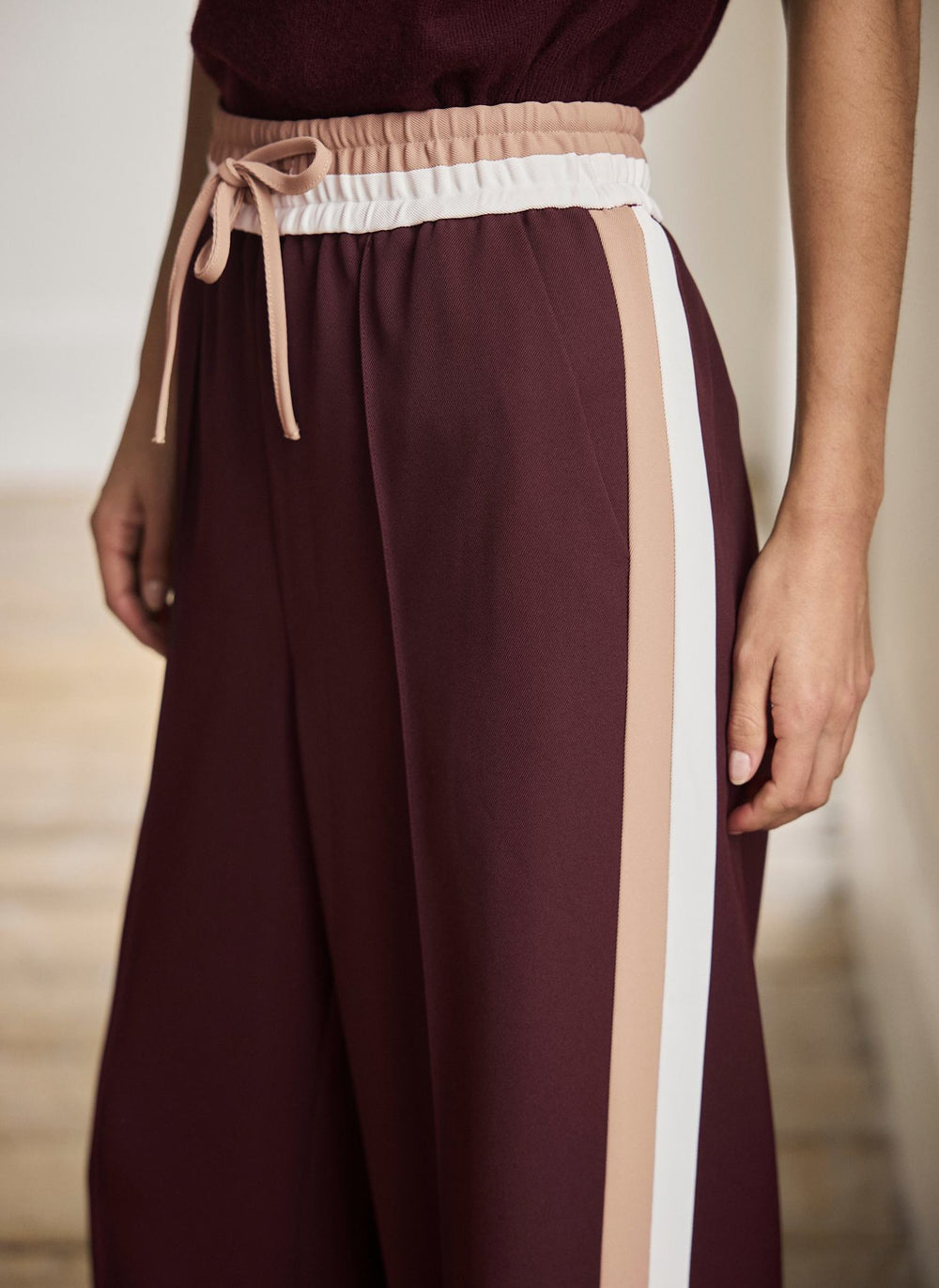 Burgundy Side Stripe Tie Waist Wide Trousers
