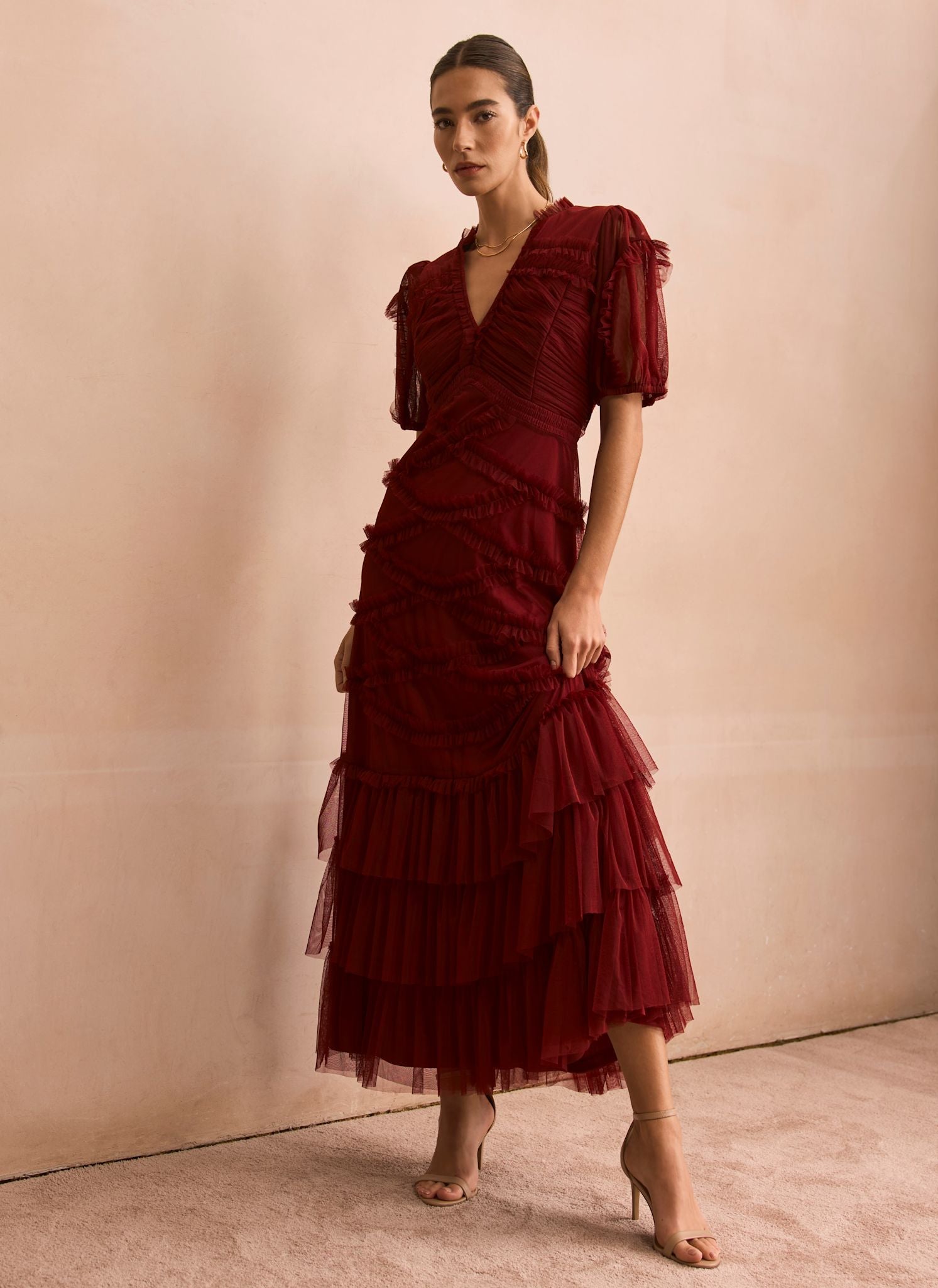 Burgundy Tulle Ruffle Maxi Dress – Mint Velvet