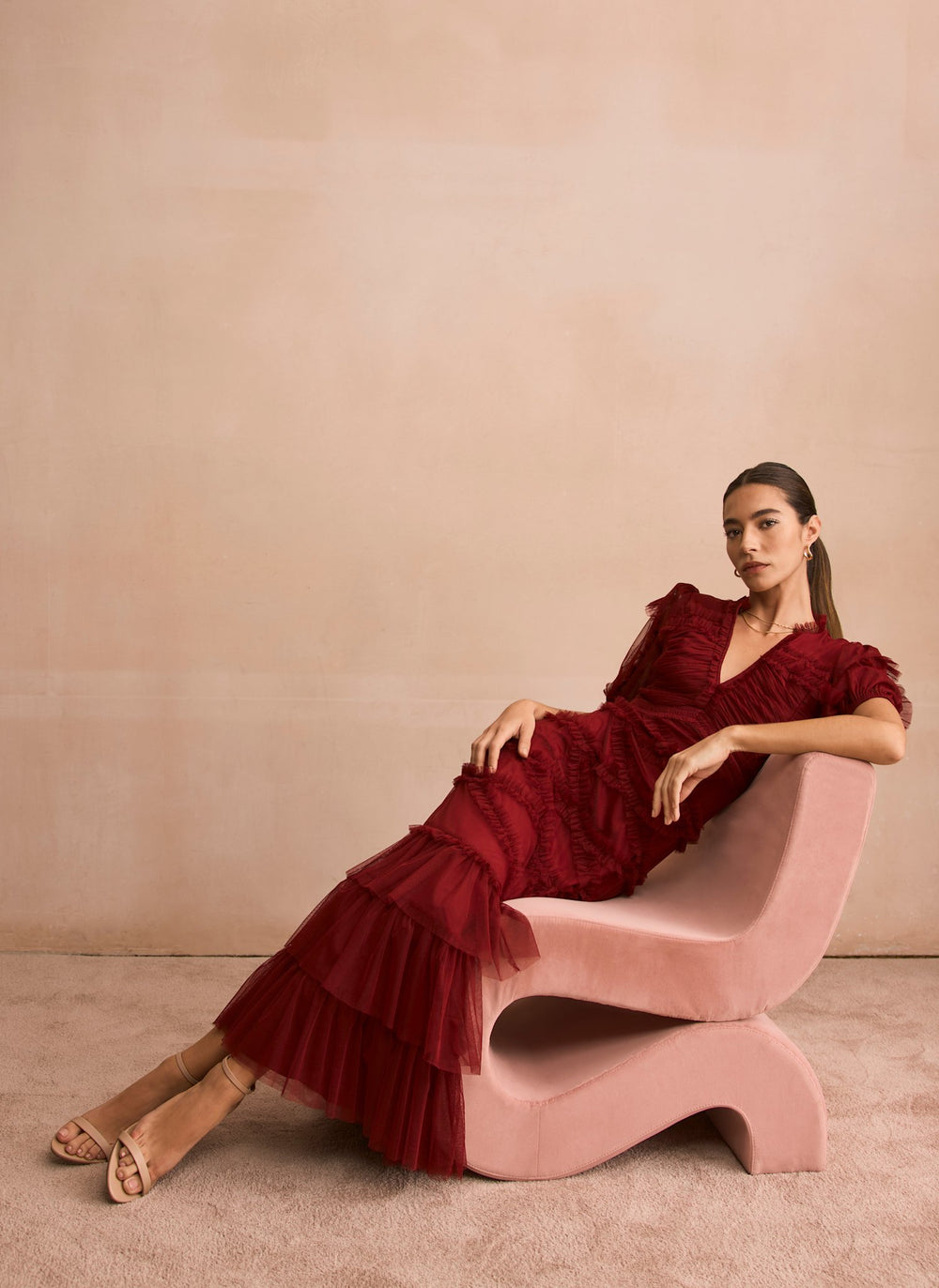 Burgundy Tulle Ruffle Maxi Dress