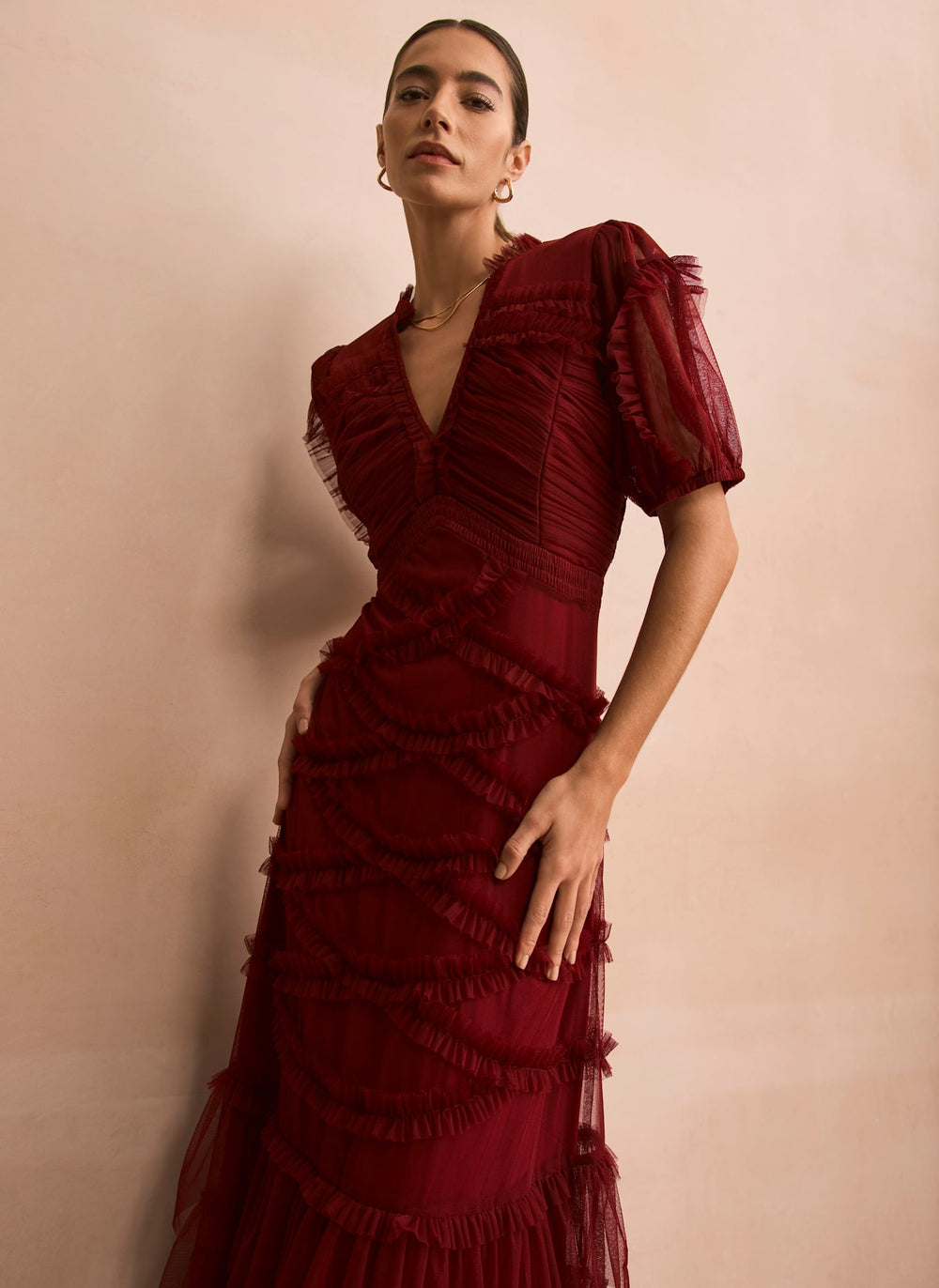 Burgundy Tulle Ruffle Maxi Dress
