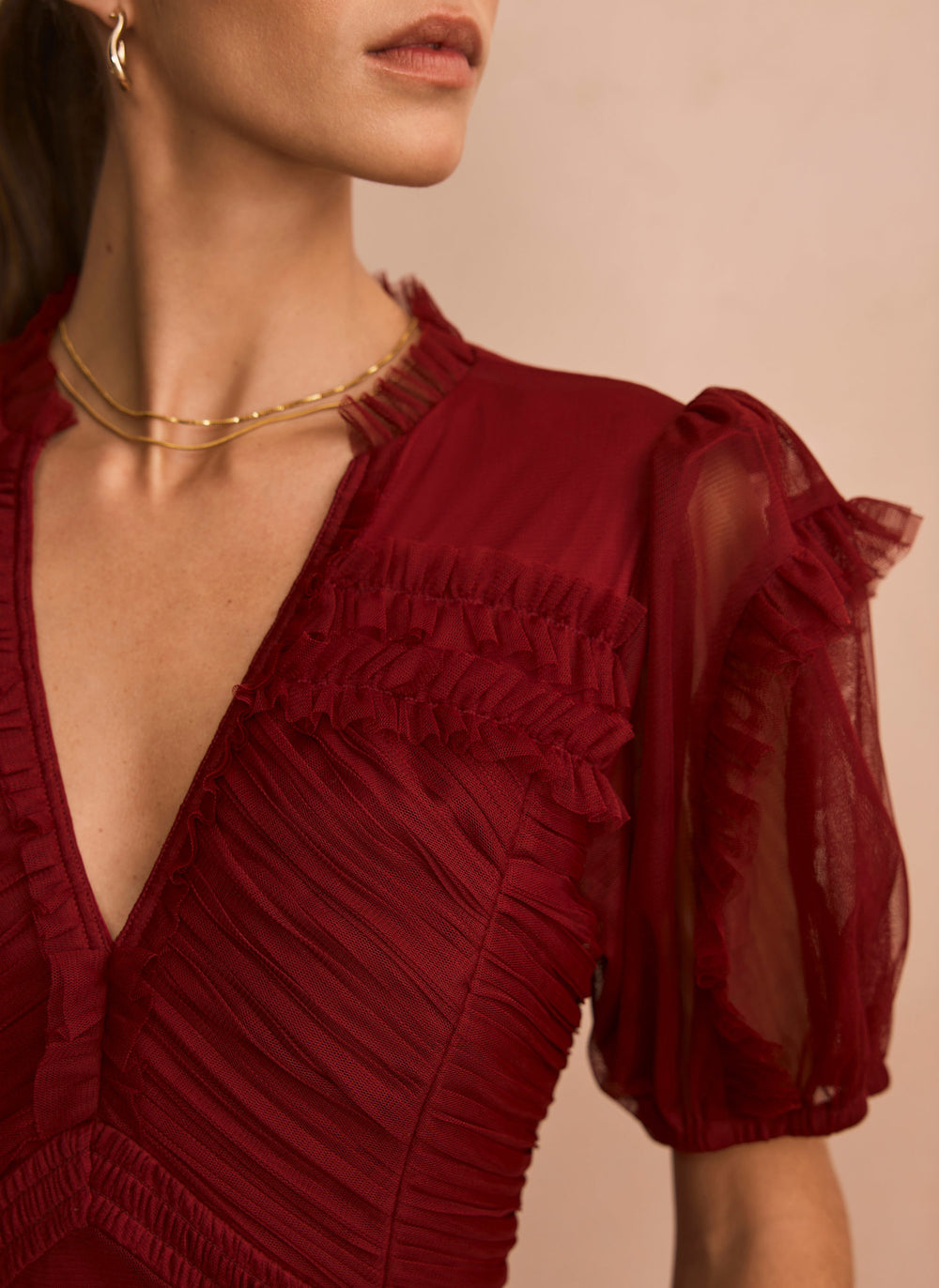 Burgundy Tulle Ruffle Maxi Dress  Mint Velvet