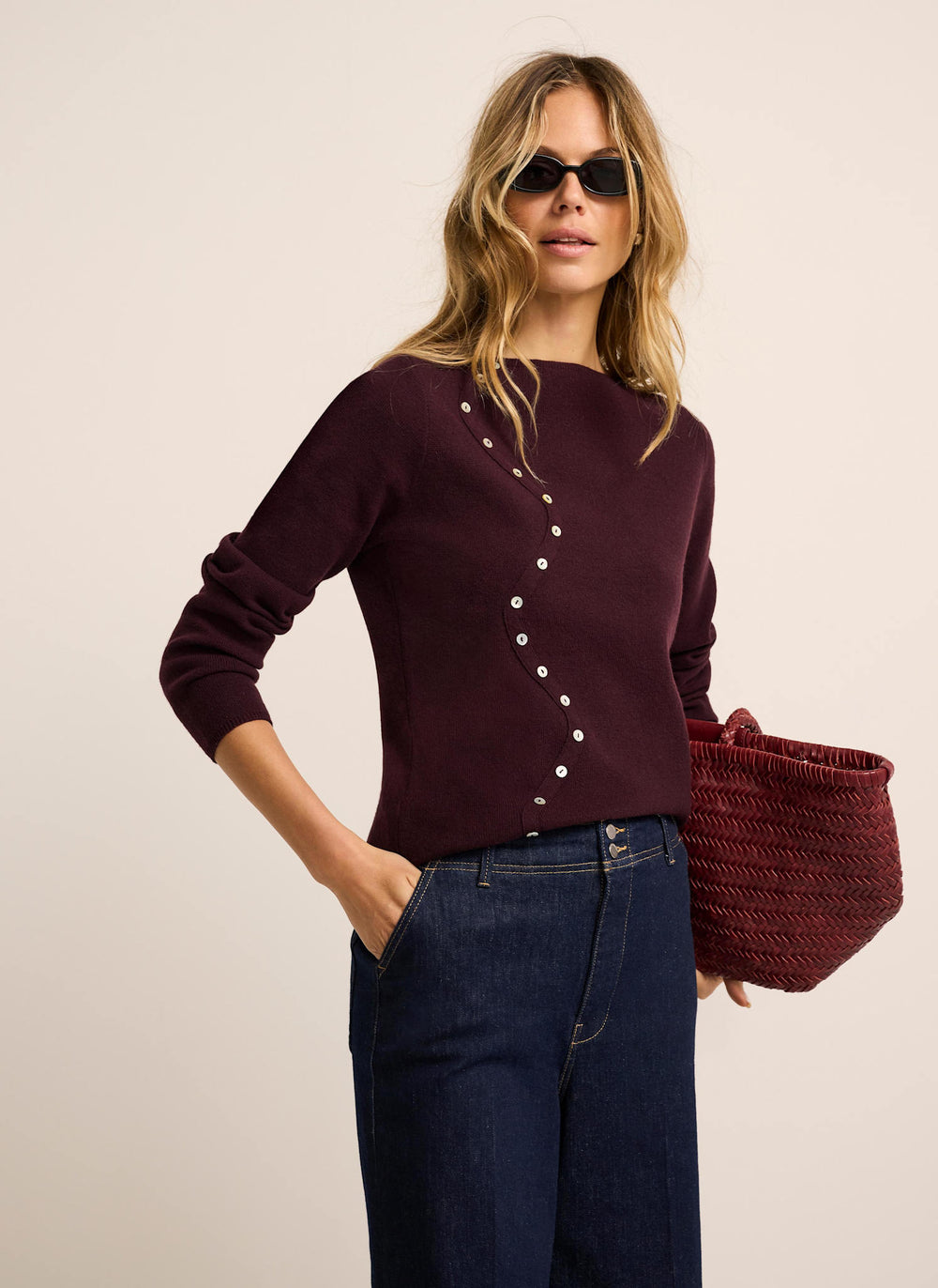 Burgundy Cotton Blend Button Detail Knit Top