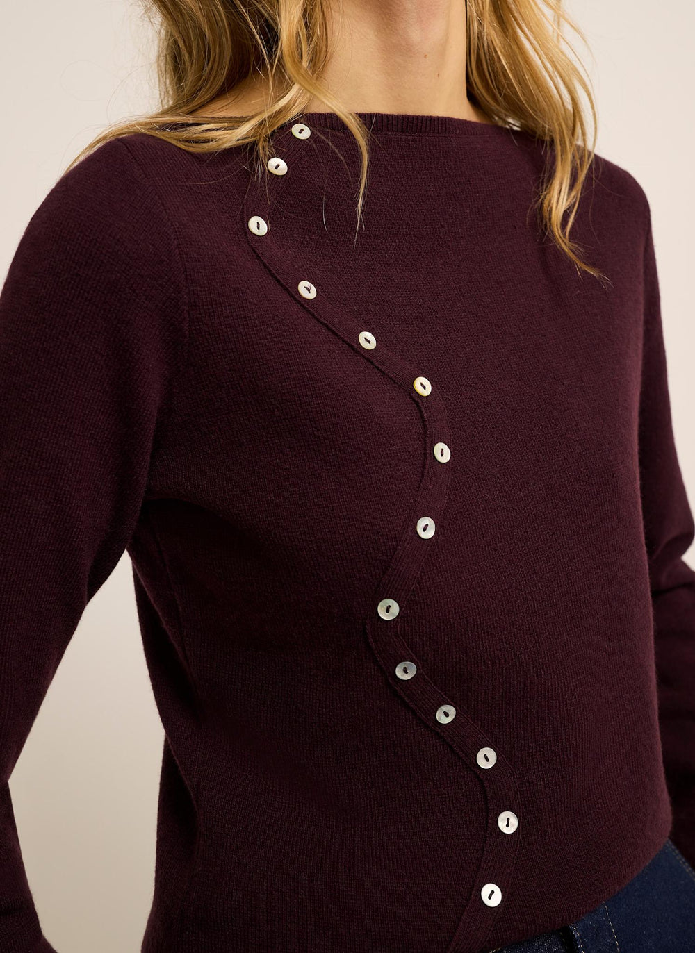 Burgundy Cotton Blend Button Detail Knit Top