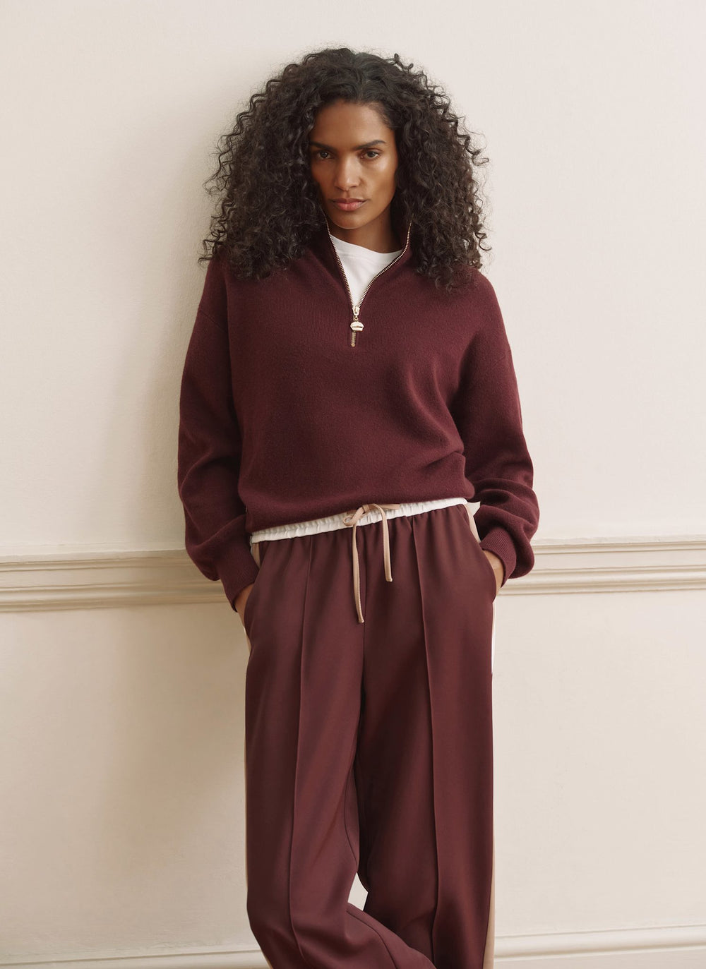 Burgundy Funnel Neck Zip Through Jumper