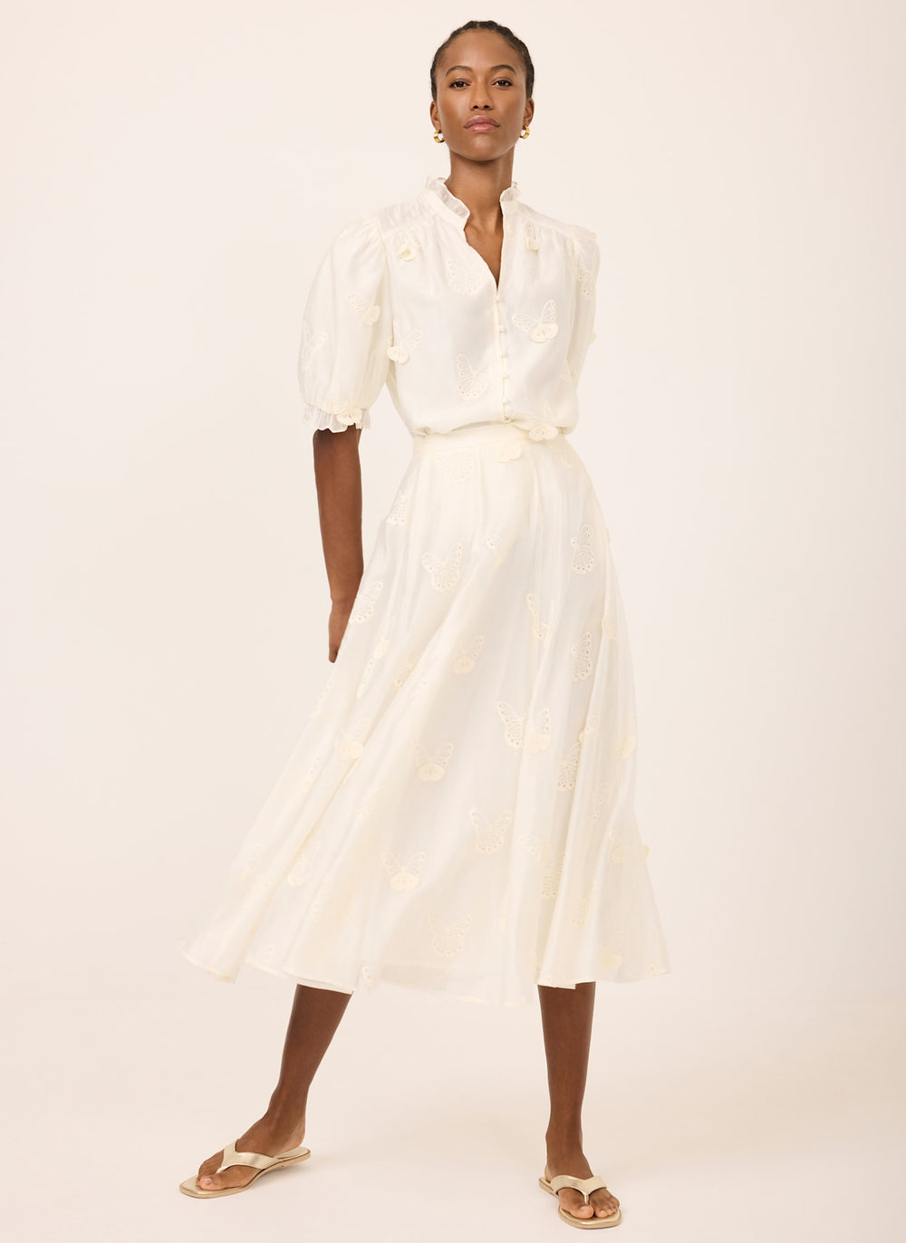 White Embroidered Butterfly Detail Midi Skirt