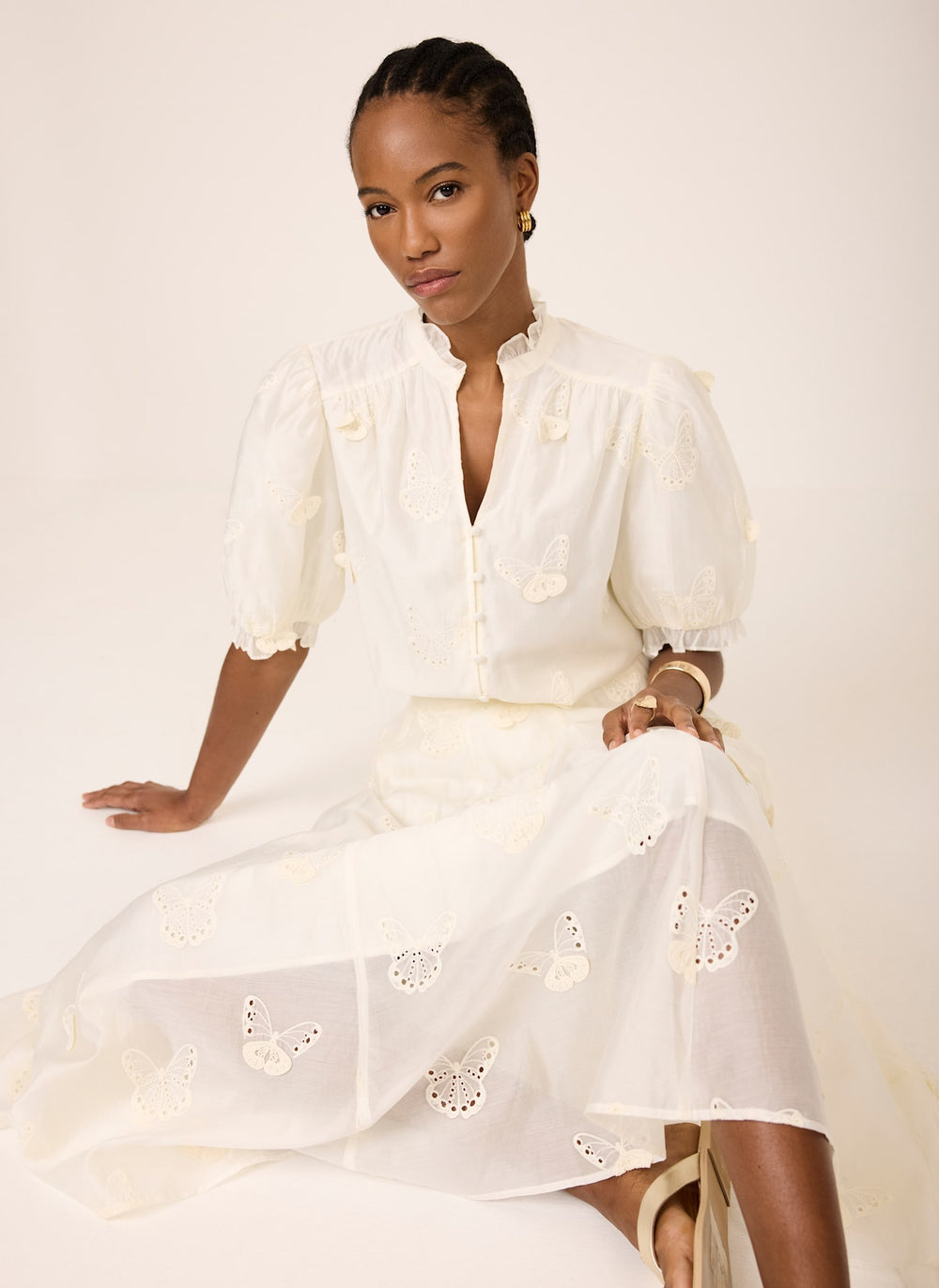 White Embroidered Butterfly Detail Midi Skirt