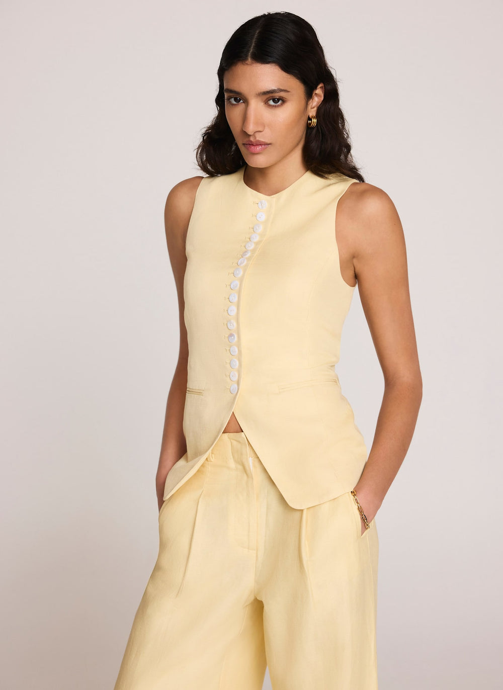 Yellow Linen Blend Longline Waistcoat