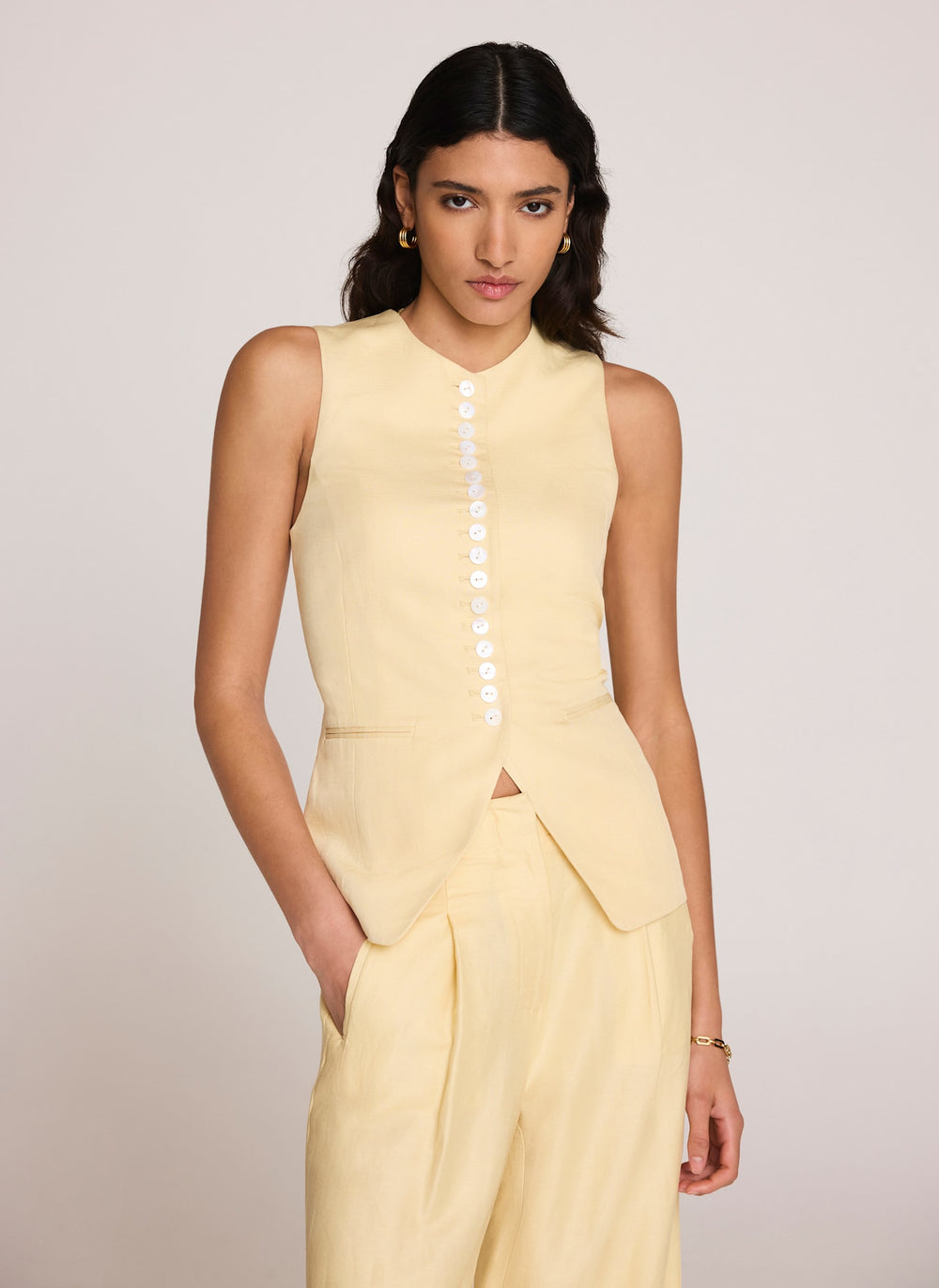 Yellow Linen Blend Longline Waistcoat