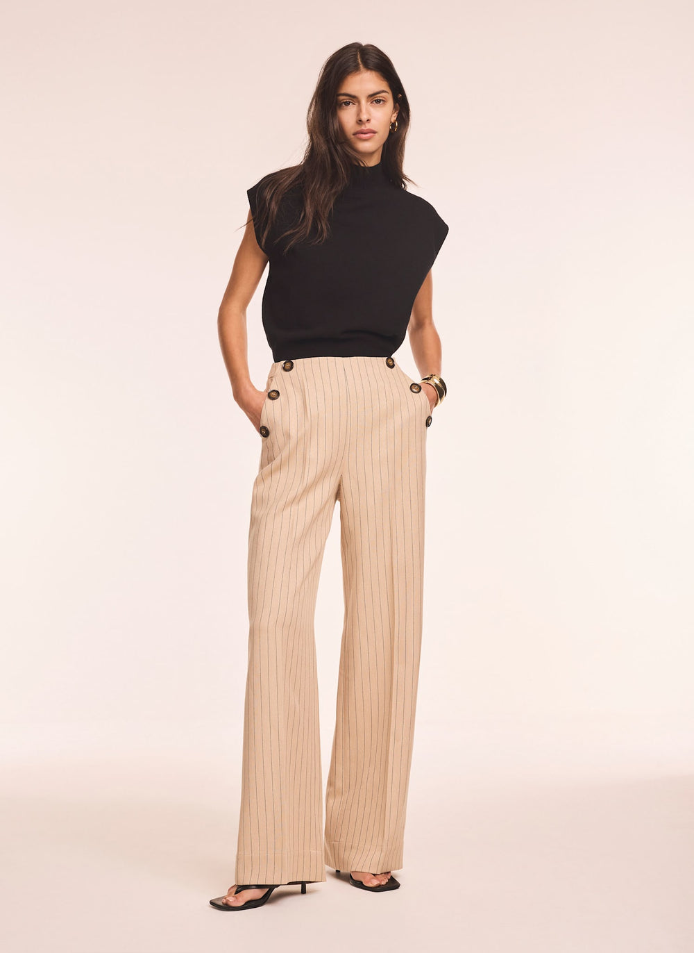 Neutral Button Front Pinstripe Trousers