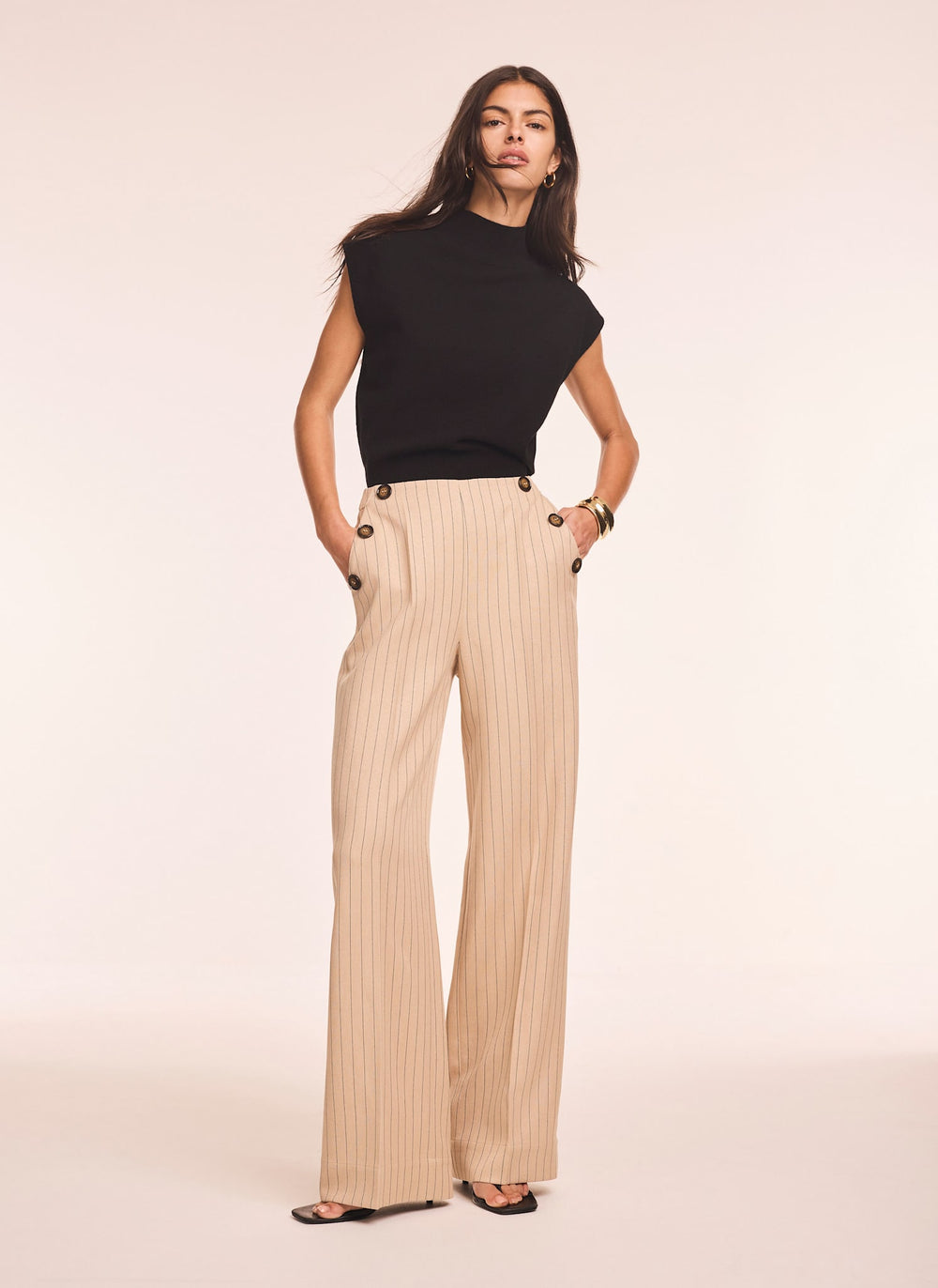 Neutral Button Front Pinstripe Trousers
