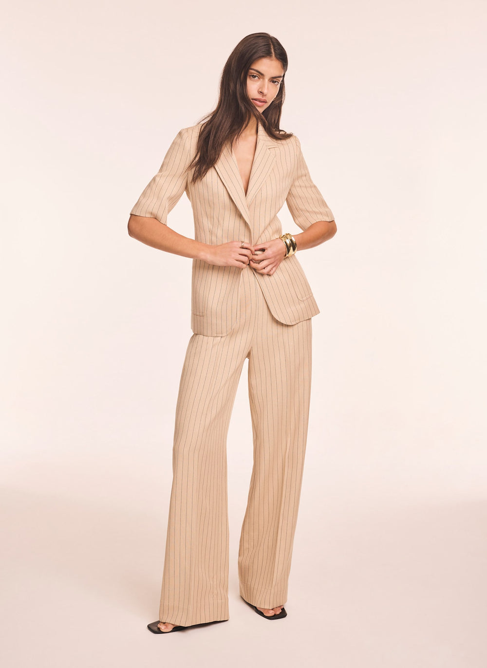 Neutral Button Front Pinstripe Trousers