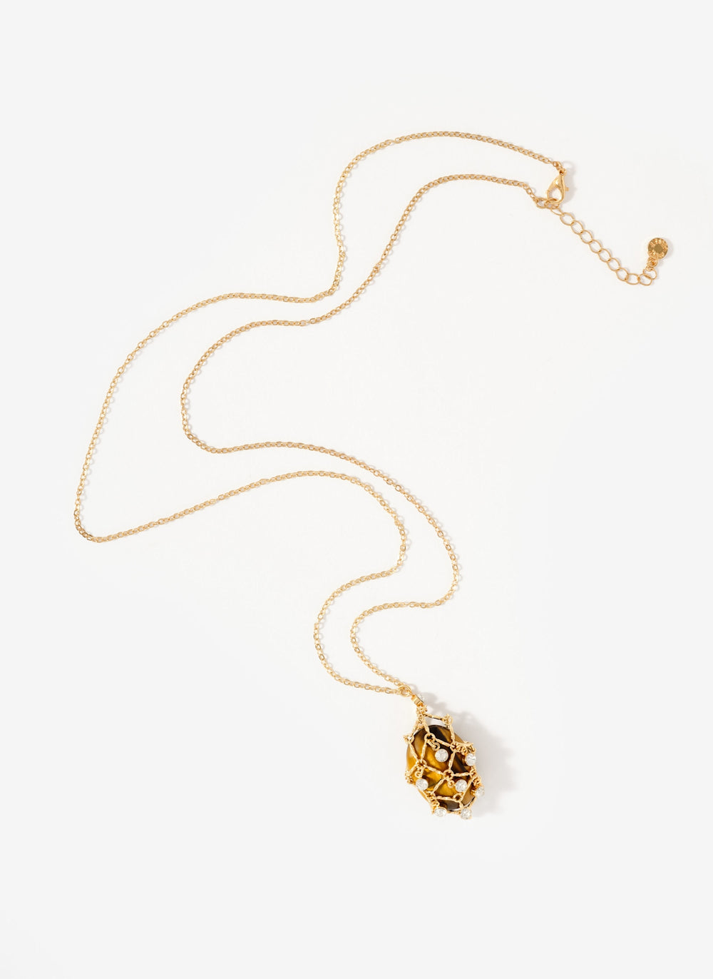 Gold Tone Caged Stone  Pendant Necklace
