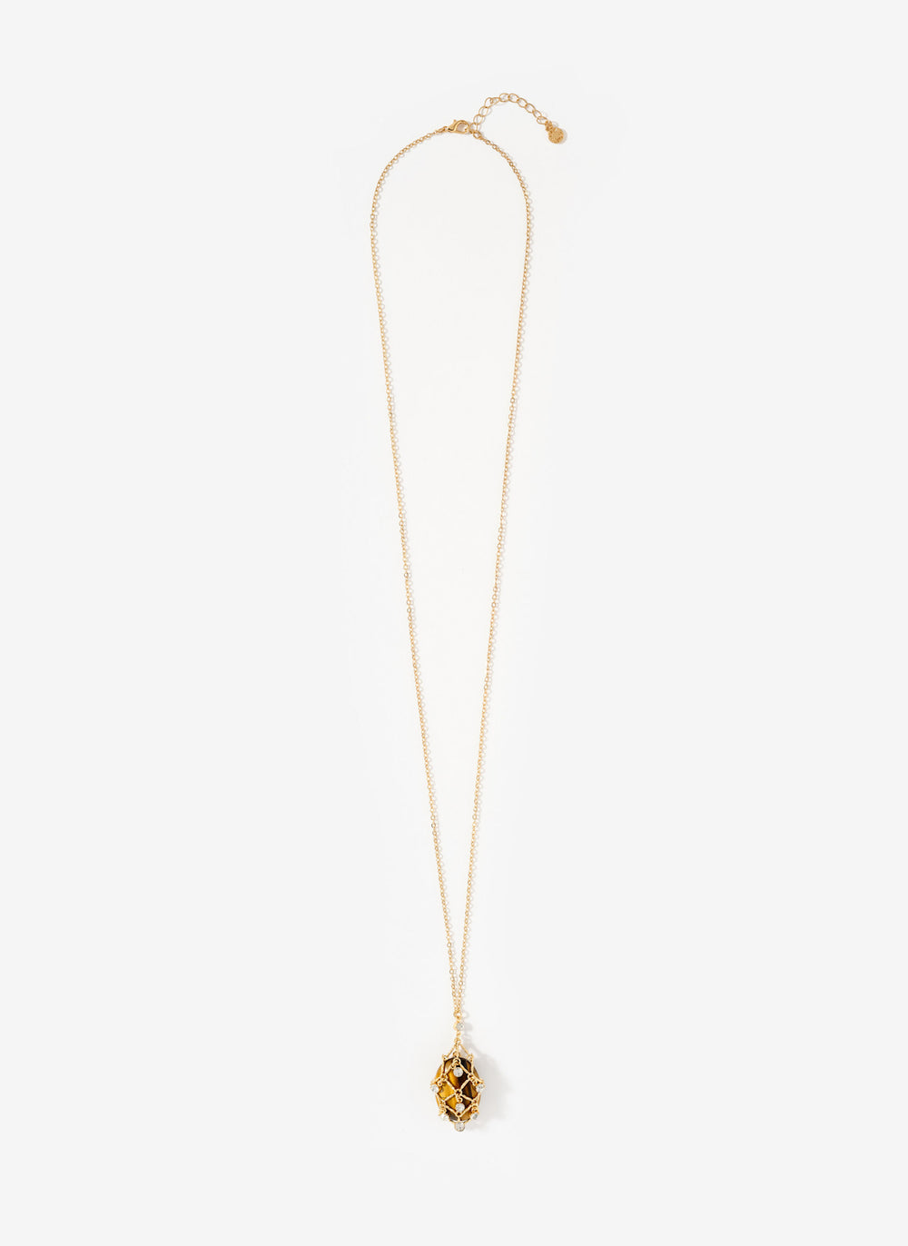 Gold Tone Caged Stone  Pendant Necklace