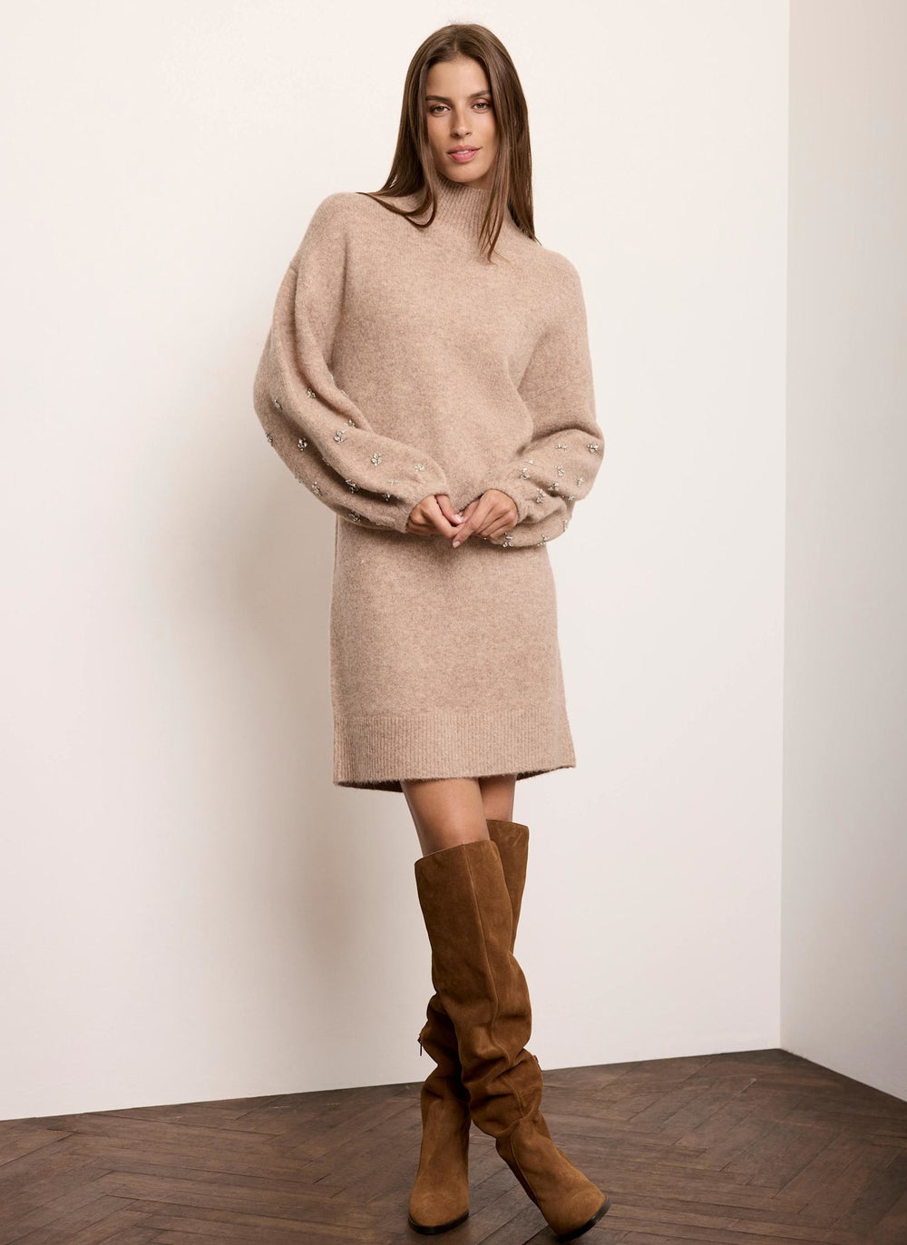 Neutral Embellished Sleeve Knit Mini Dress