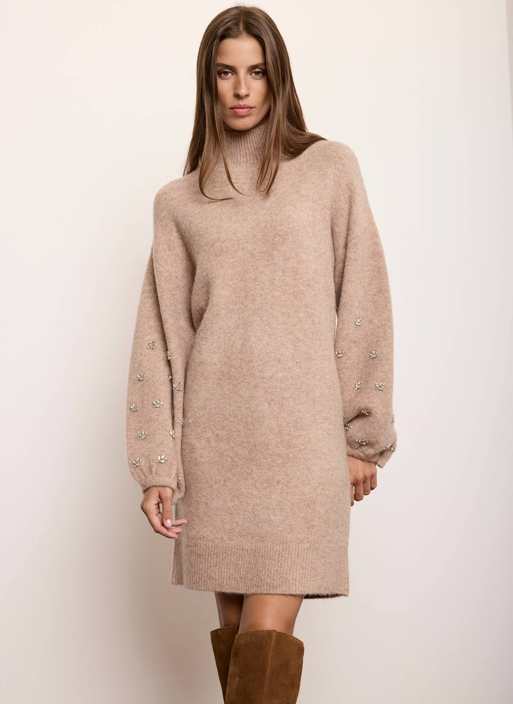 Neutral Embellished Sleeve Knit Mini Dress