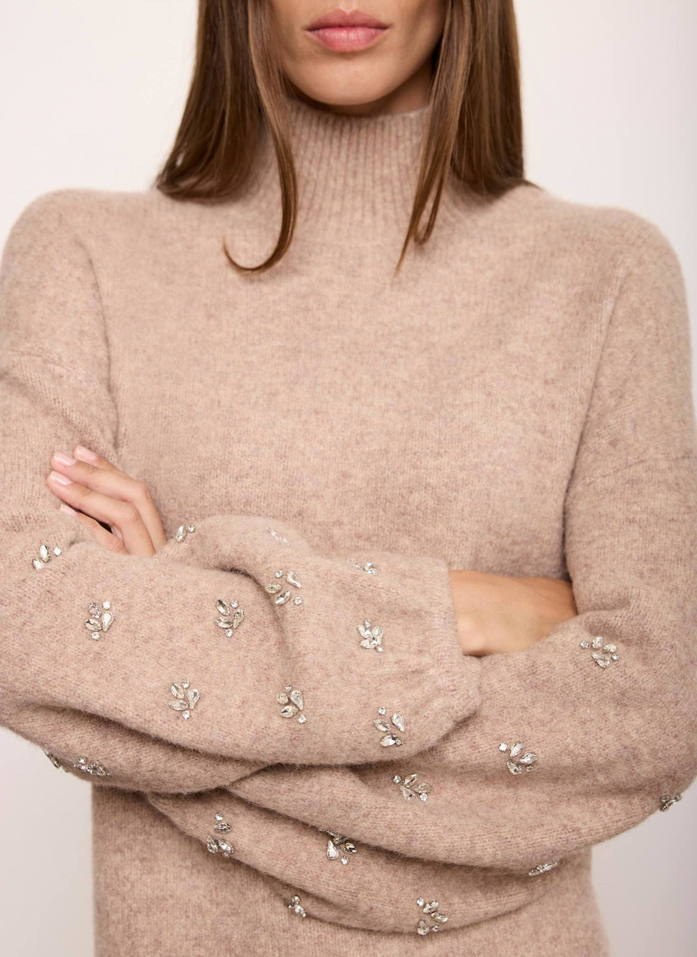 Neutral Embellished Sleeve Knit Mini Dress