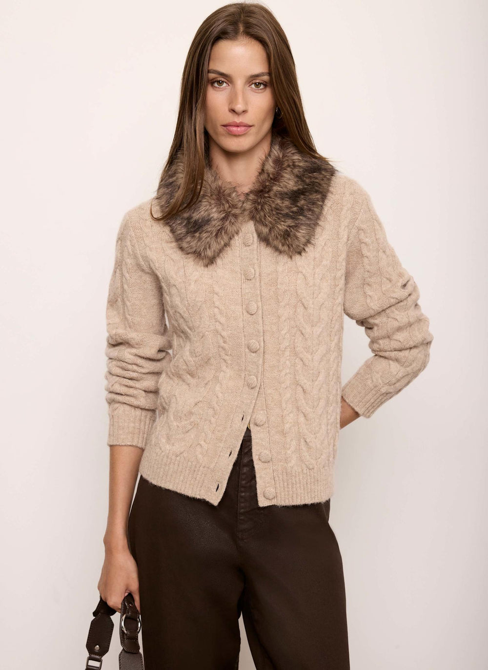 Neutral Wool Blend Faux Fur Collar Knit Cardigan