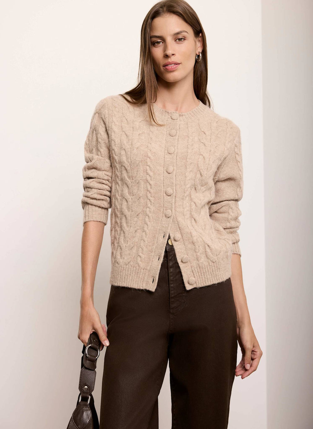 Neutral Wool Blend Faux Fur Collar Knit Cardigan