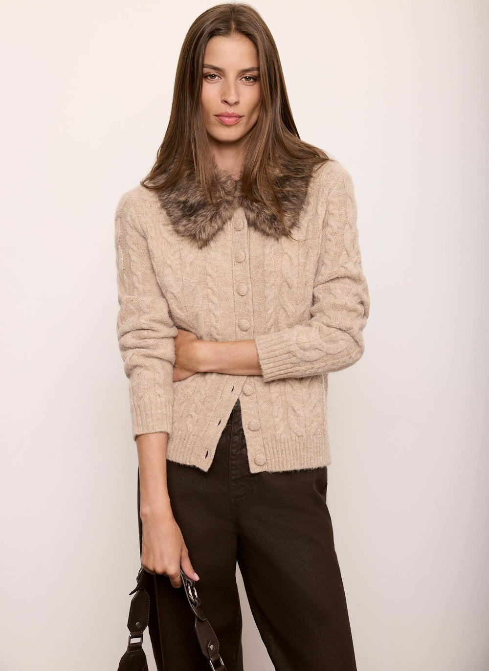 Neutral Wool Blend Faux Fur Collar Knit Cardigan