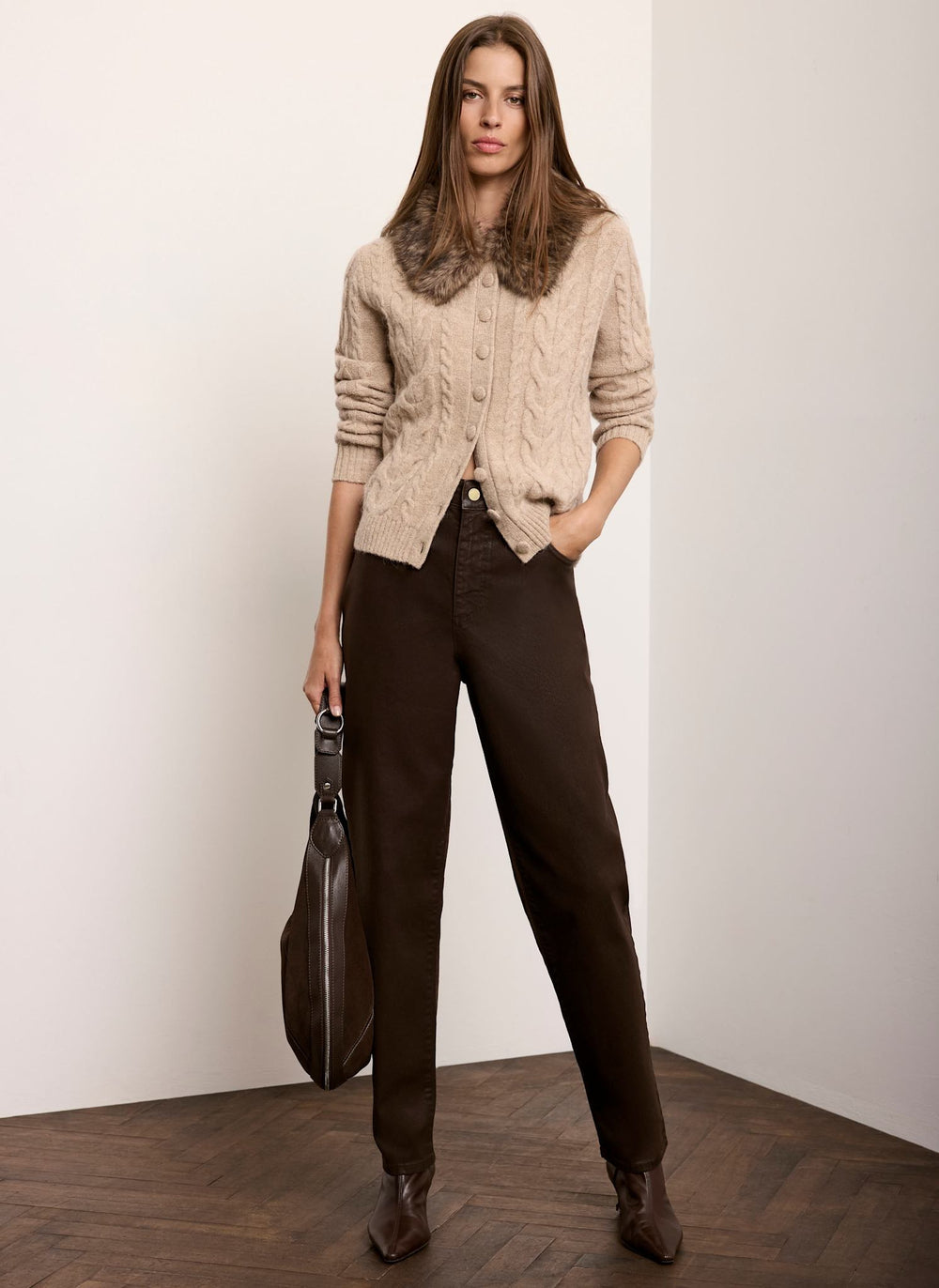 Neutral Wool Blend Faux Fur Collar Knit Cardigan