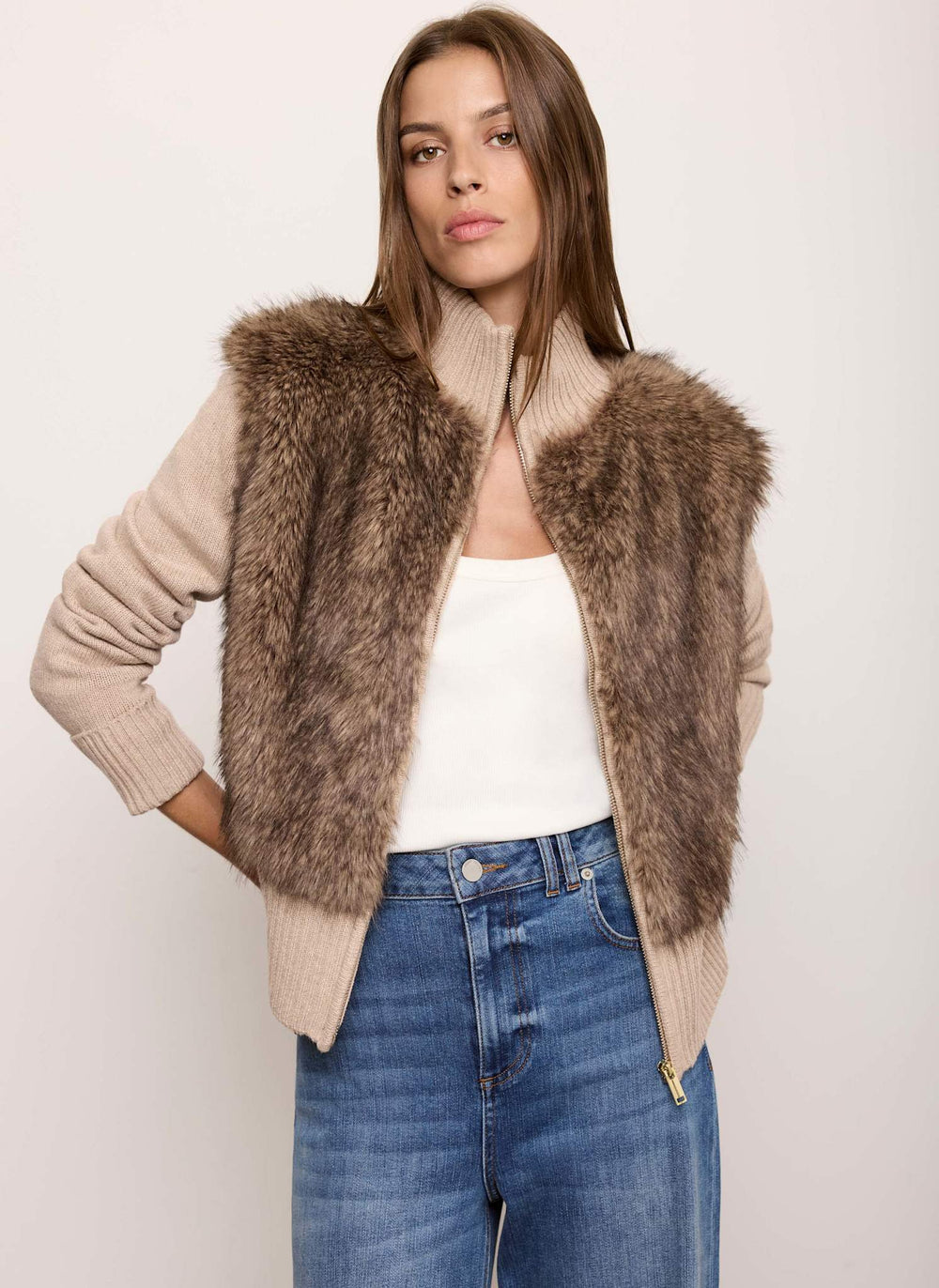 Neutral Faux Fur Zip Cardigan