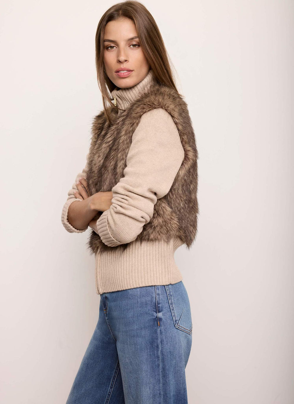 Neutral Faux Fur Zip Cardigan