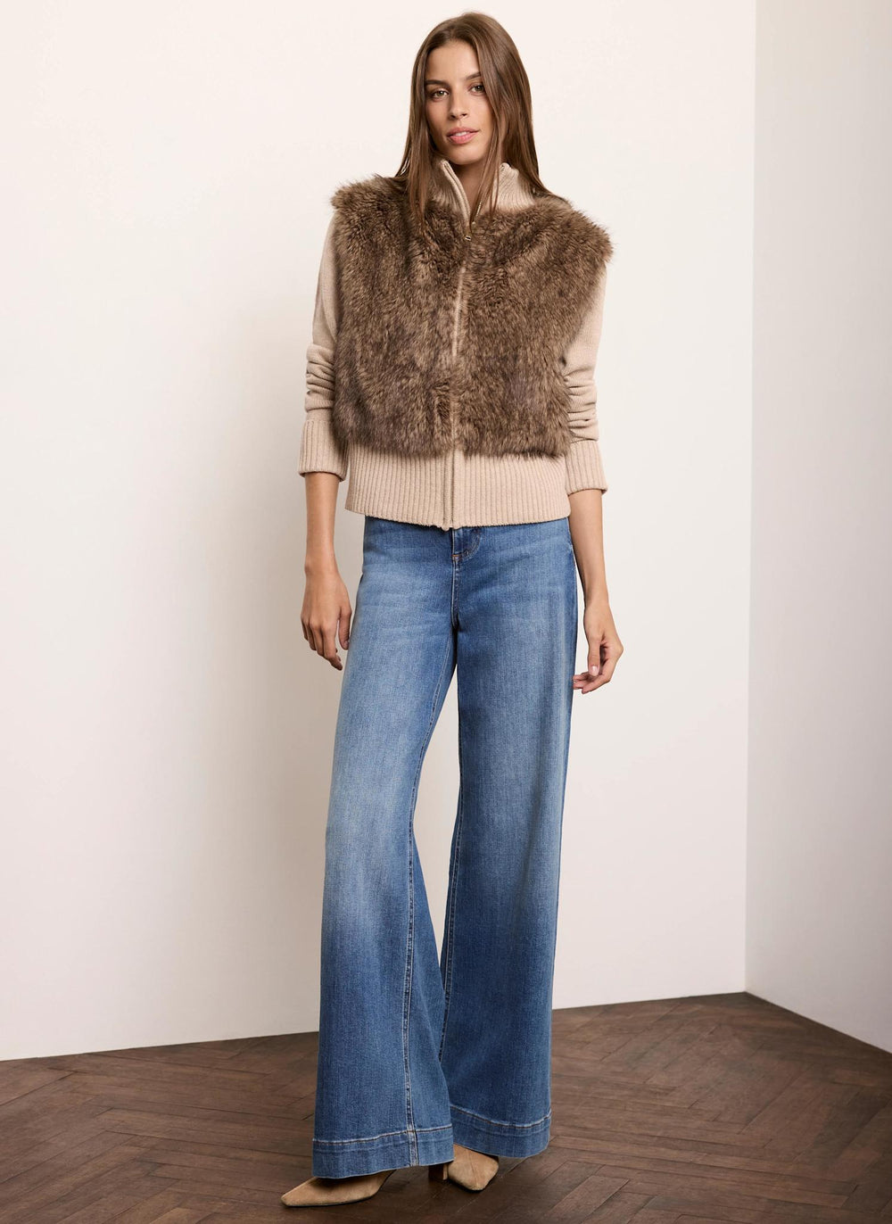 Neutral Faux Fur Zip Cardigan
