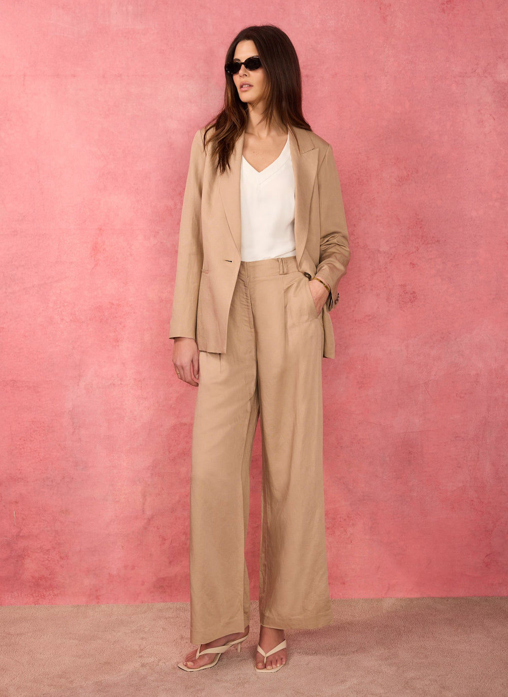 Neutral Linen Blend Single Breasted Blazer
