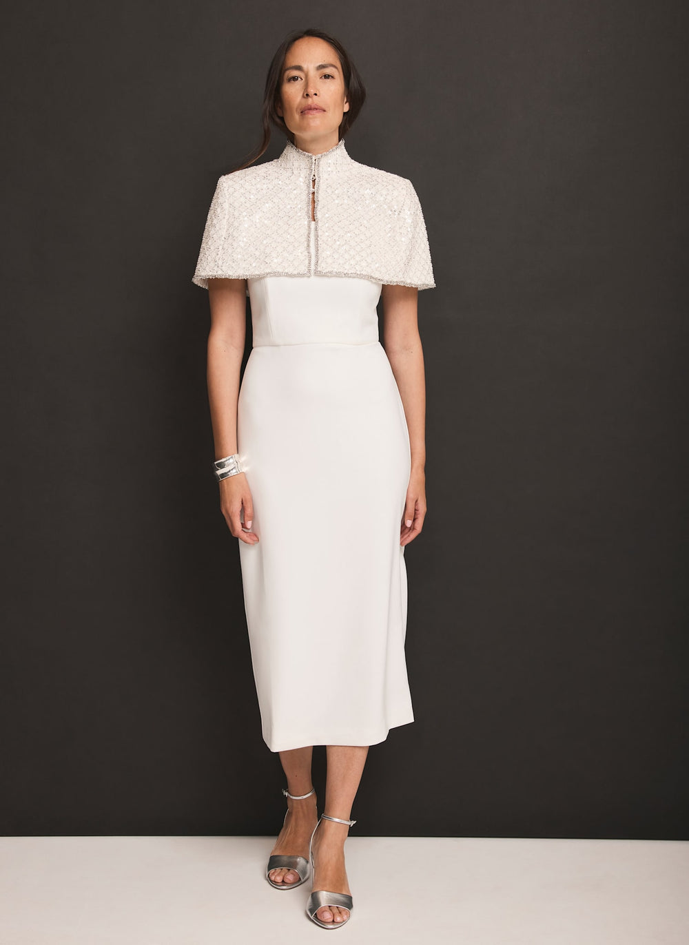 Cream Embellished Cape Midi Dress