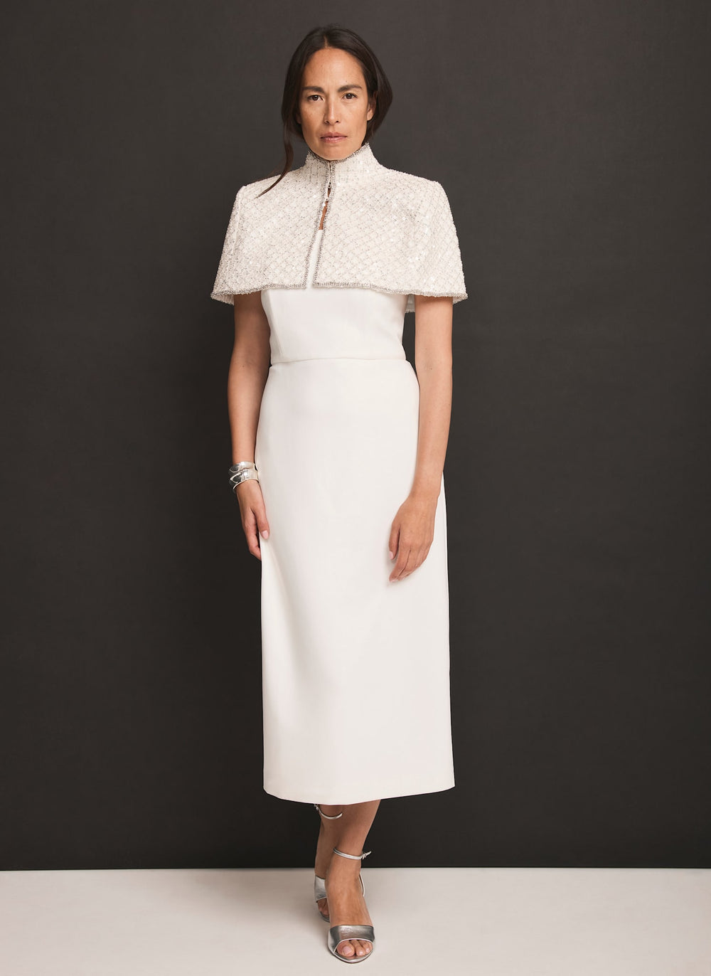 Cream Embellished Cape Midi Dress