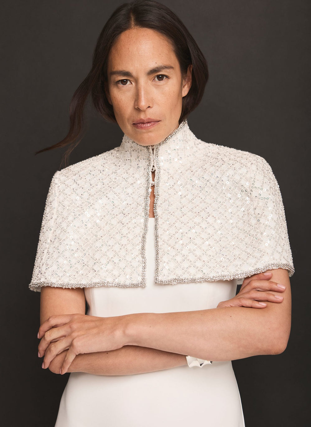 Cream Embellished Cape Midi Dress