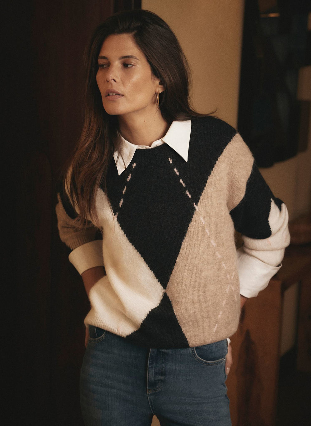 Neutral Wool Blend Argyle Jumper