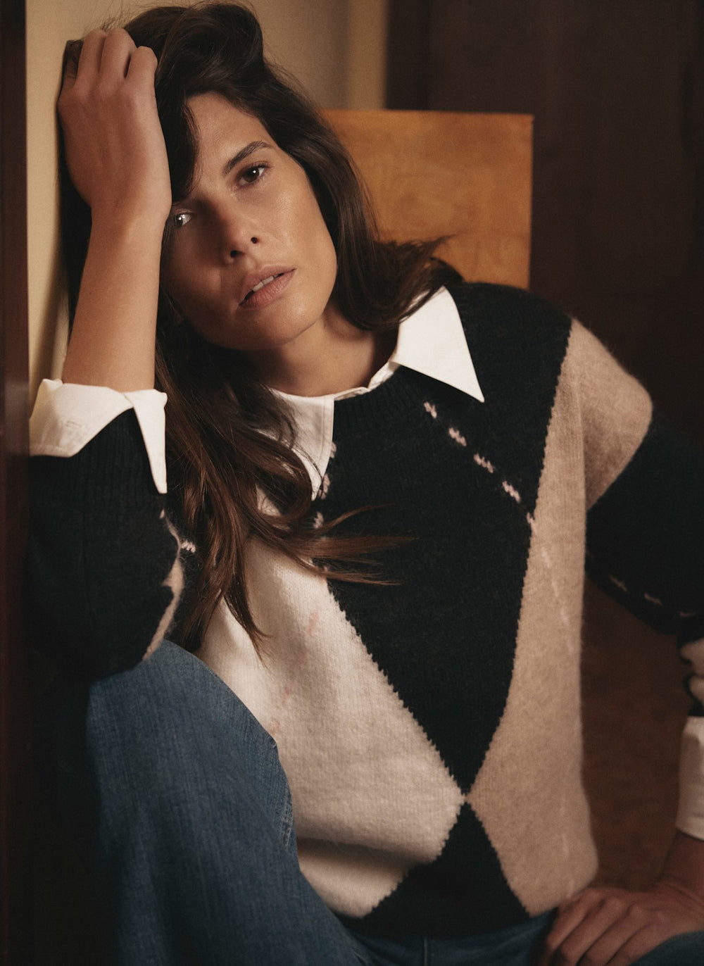 Neutral Wool Blend Argyle Jumper