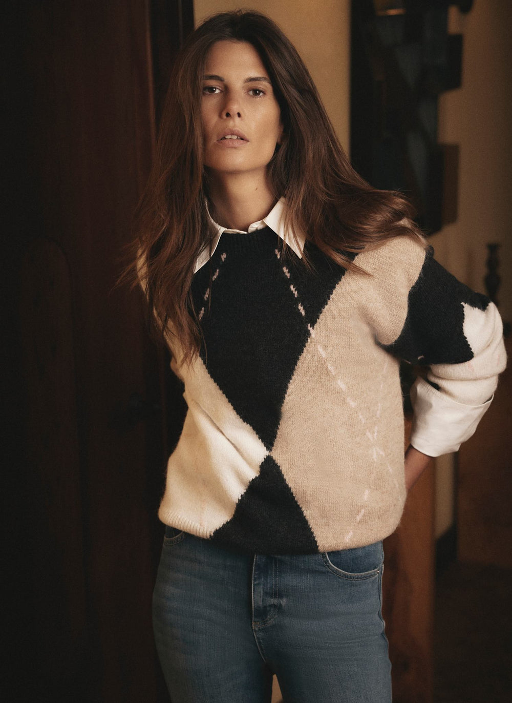 Neutral Wool Blend Argyle Jumper