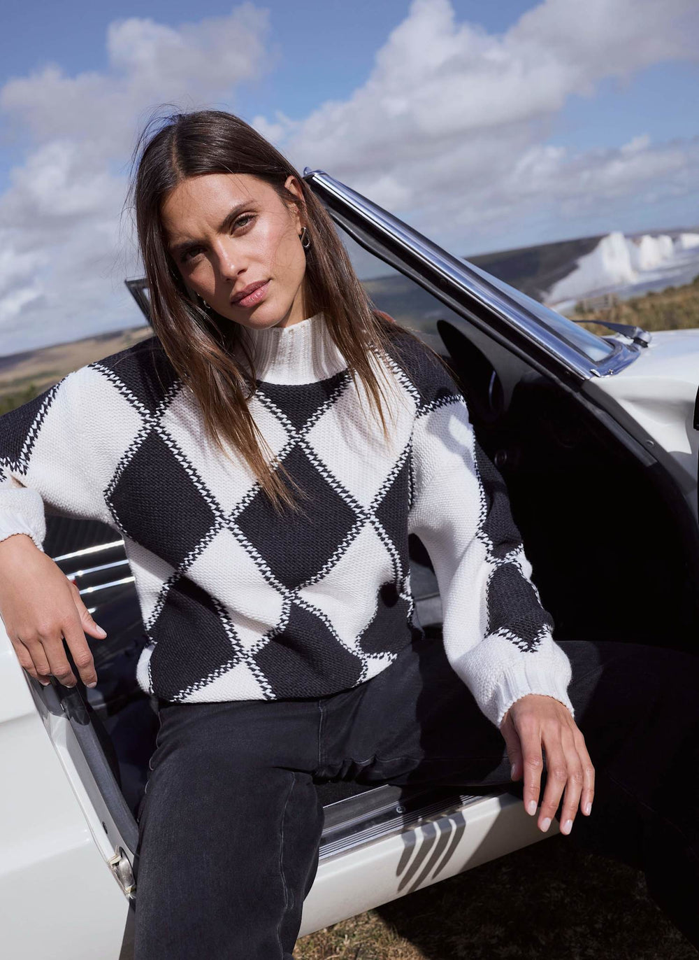 Cream Cotton Blend Argyle Jumper