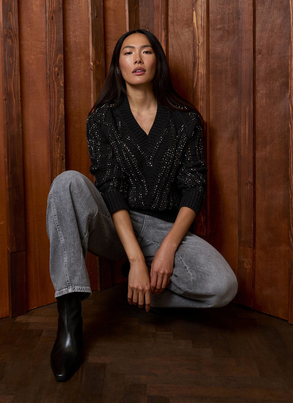 Dark Grey Cotton Blend Embellished Jumper