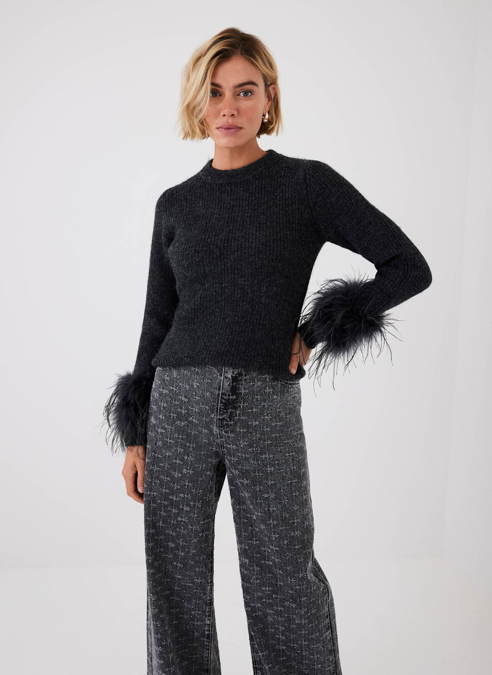 Grey Feather Trim Jumper