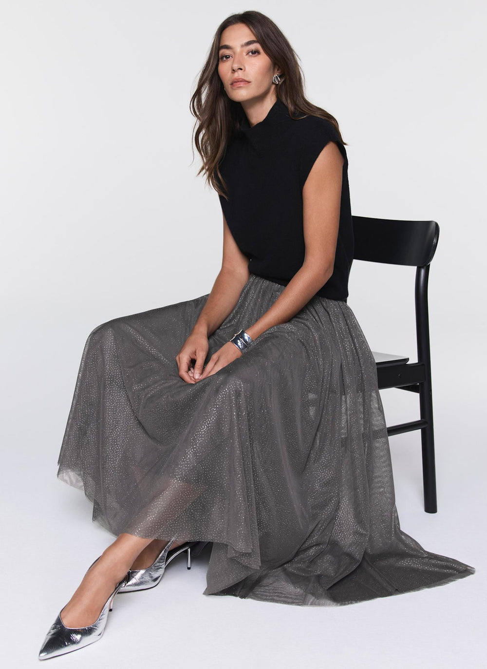 Grey Metallic Tulle Midi Skirt – Mint Velvet