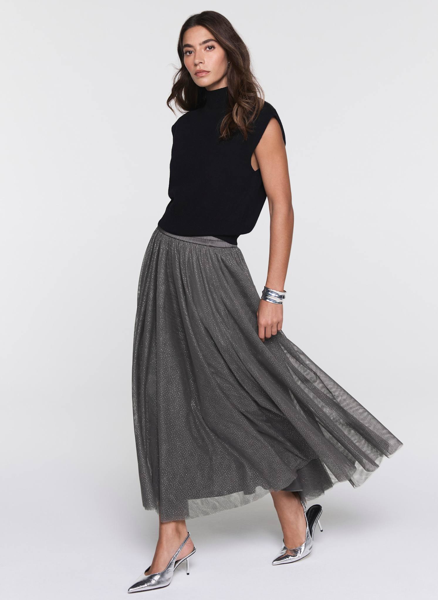 Grey Metallic Tulle Midi Skirt – Mint Velvet