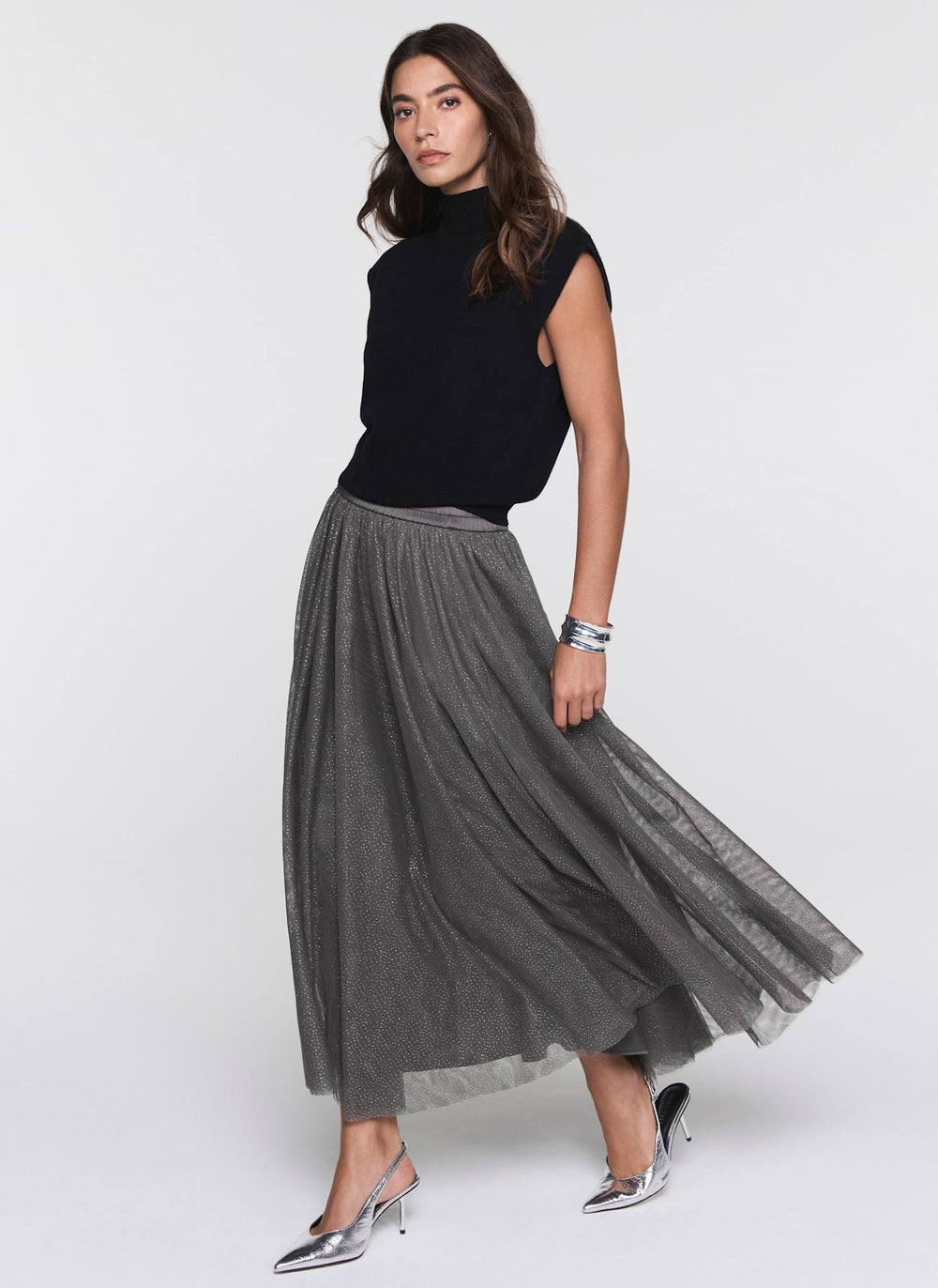 Grey Metallic Tulle Midi Skirt – Mint Velvet