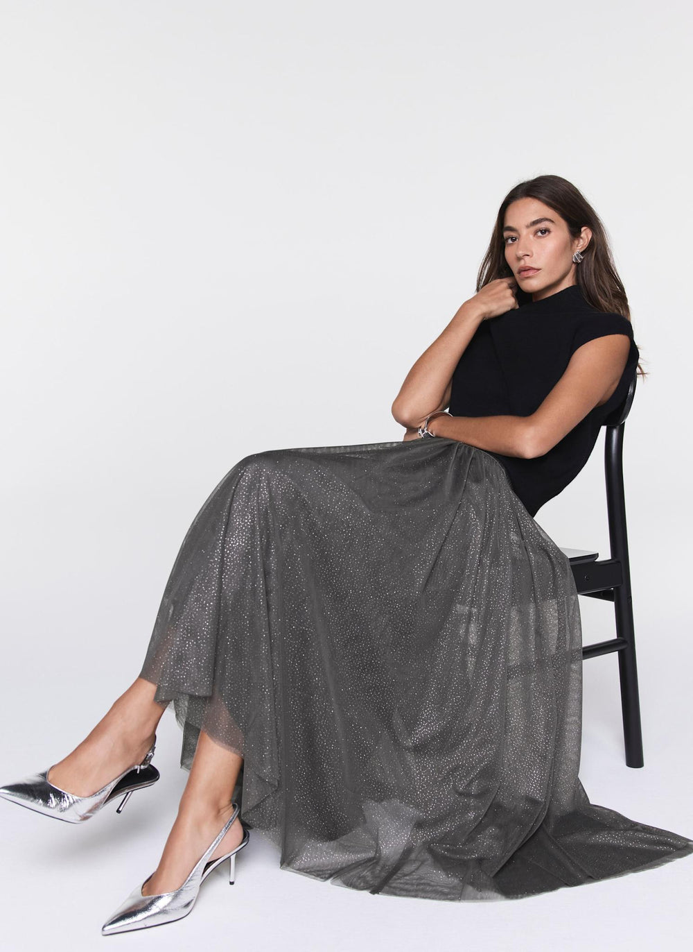 Grey Metallic Tulle Midi Skirt