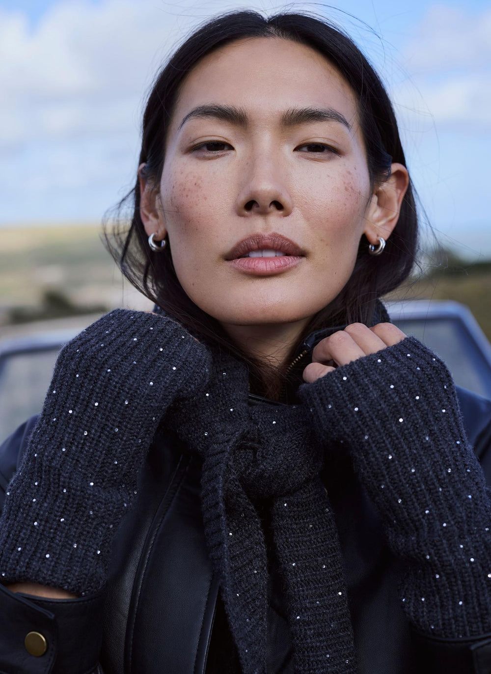 Grey Sequin Embellished Knit Scarf