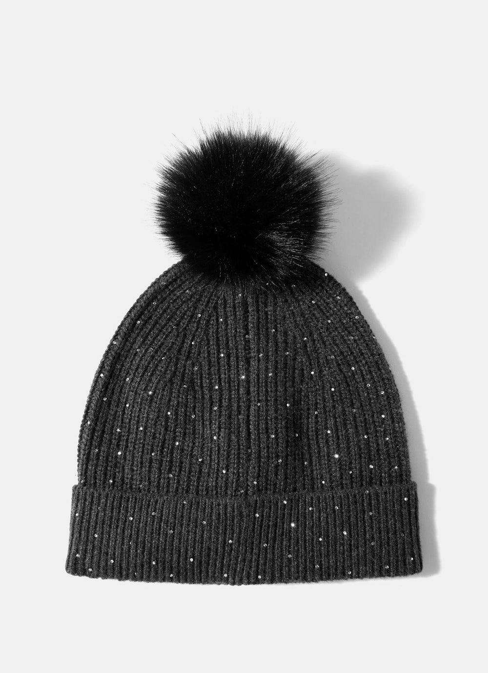 Dark Grey Embellished Knit Bobble Hat